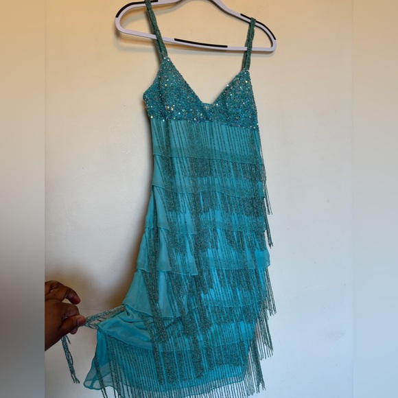 Scala Dresses & Skirts - Vtg Scala Beaded Fringe Mini Dress Sz S 100% Silk Sequin Layered Cocktail